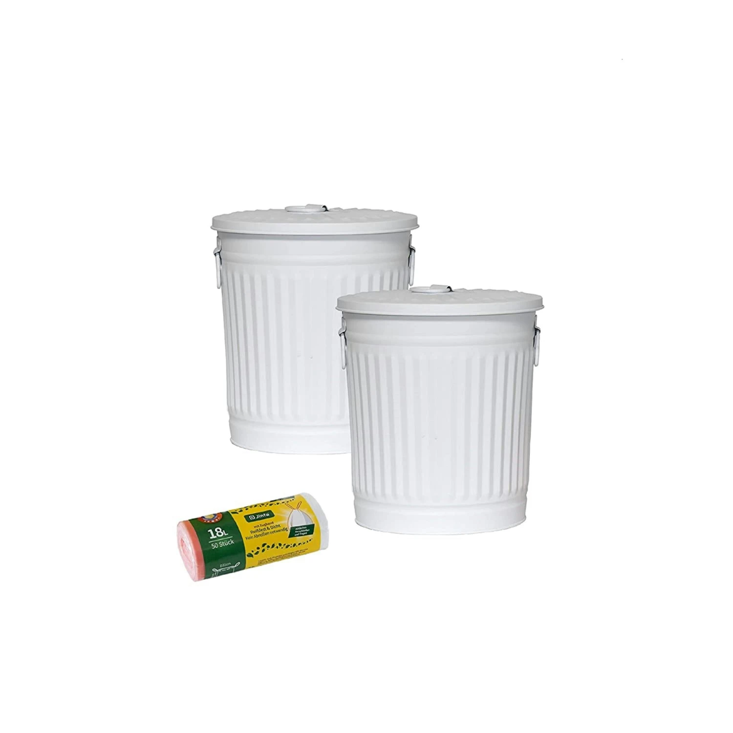 Jinfa 4er-Set Retrodesign Mülleimer Mit Griffen Und Deckel + 50 Müllbeutel | Mattweiß| 18L – Bild 2